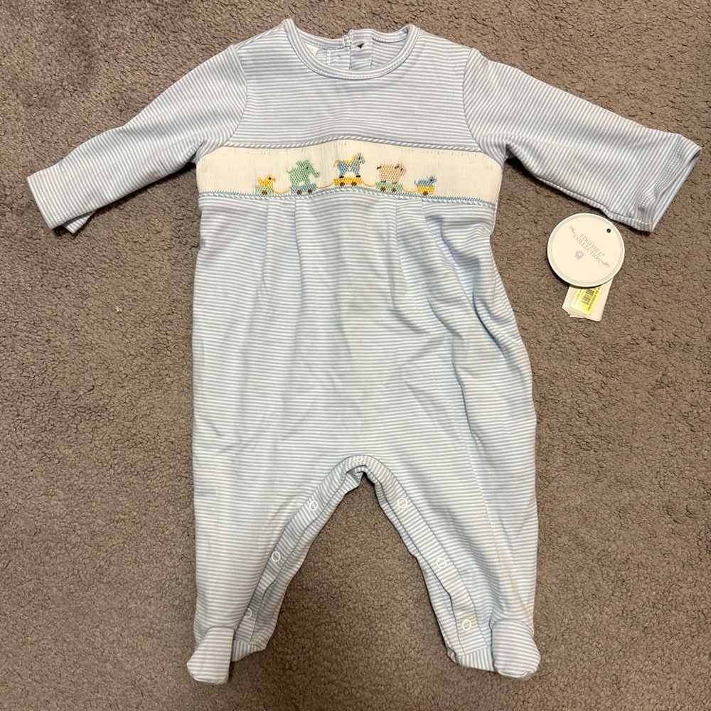 Edgehill Collection Light Blue Striped Footie with Animal Smocking